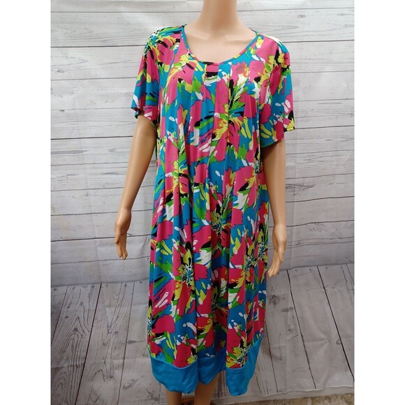 Kim Rogers Stretch Dress Pink Blue Watercolor Floral Pleated Short Sleeve 2X - Picture 3 of 11